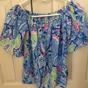 Lilly Pulitzer Blue and Pink Off-Shoulder Blouse